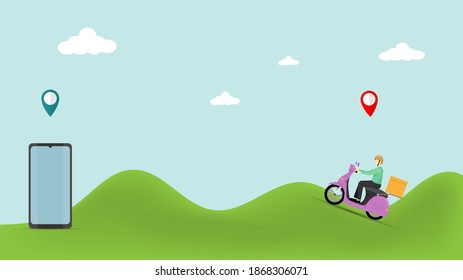 Delivery service by scooter fast and free, food delivery, fast and free delivery service illustration. vector illustration 