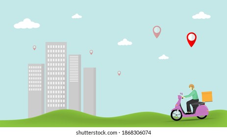 Delivery service by scooter fast and free, food delivery, fast and free delivery service illustration. vector illustration 