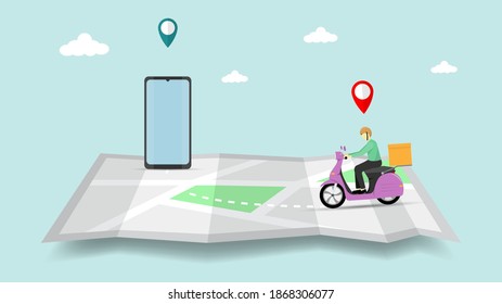 Lieferung Service per Scooter schnell und kostenlos, Lieferung von Lebensmitteln, schnelle und kostenlose Lieferung Service Illustration. Vektorgrafik 