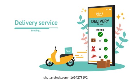 Delivery service by scooter. Flat Delivery service. Delivery service in vector. Delivery service design.