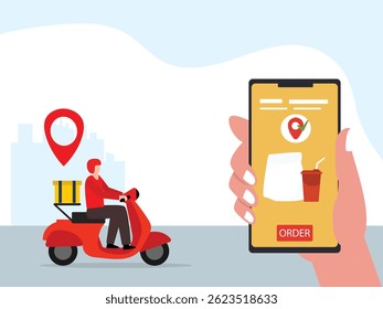 Delivery service by scooter with  package box. Mobile application tracking a delivery man on map.vector illustration