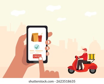 Delivery service by scooter with  package box. Mobile application tracking a delivery man on map.vector illustration