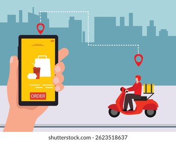 Delivery service by scooter with  package box. Mobile application tracking a delivery man on map.vector illustration