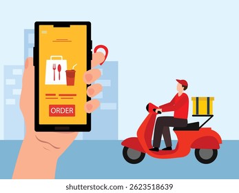 Delivery service by scooter with  package box. Mobile application tracking a delivery man on map.vector illustration