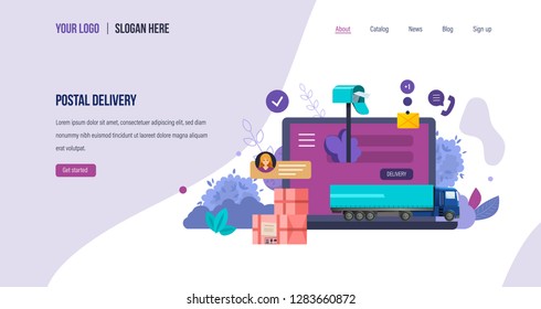 Delivery service. Delivery by truck, van, online order tracking correspondence, goods, online application for service. Feedback on logistics from customer. Landing page template. Vector illustration.