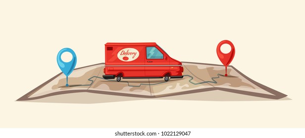 Servicio de entrega en camioneta. Coche para entrega de paquetes. Ilustración vectorial de dibujos animados