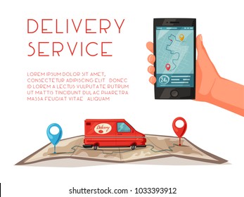 Delivery service by van. Car for parcel delivery. Cartoon vector illustration