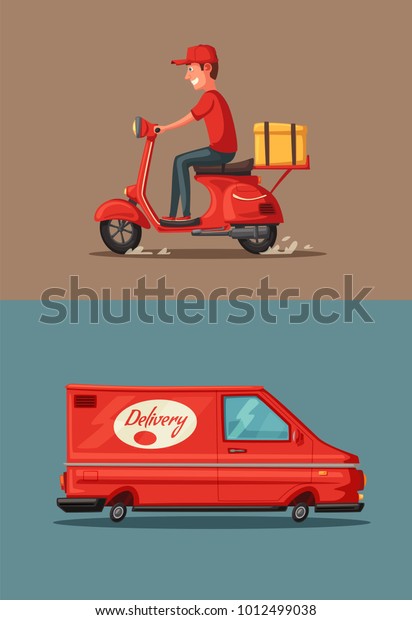 Delivery service by van and\
motorbike. Car for parcel delivery. Cartoon vector\
illustration