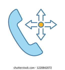 Delivery service call color icon. Shipment call center. Courier service. Order delivery. Handset with four arrows. Isolated vector illustration