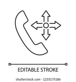 Delivery service call linear icon. Shipment call center. Thin line illustration. Courier service. Order delivery. Handset with four arrows. Contour vector isolated outline drawing. Editable stroke