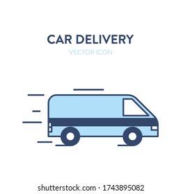 Icono del coche del servicio de entrega. Ilustración vectorial de una furgoneta en movimiento. Representa un concepto de entrega rápida. Puede utilizarse como logotipo, icono o etiqueta