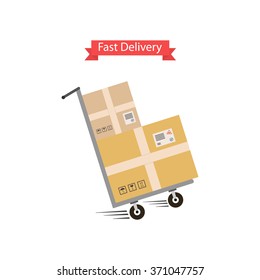 Delivery service. Cardboard boxes on a hand truck.