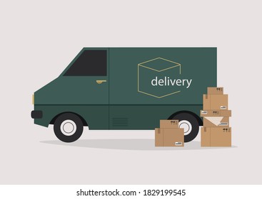 Delivery service, cardboard boxes sitting in front of the truck