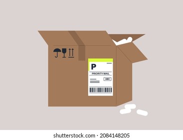 Delivery service, a cardboard crate with a priority bar code tag on it, and a box filler inside