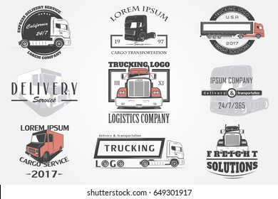 Delivery service. Cargo transportation and logistics. Freight Solutions. Trucking Logo Detailed. Typographic labels, stickers, logos and badges.