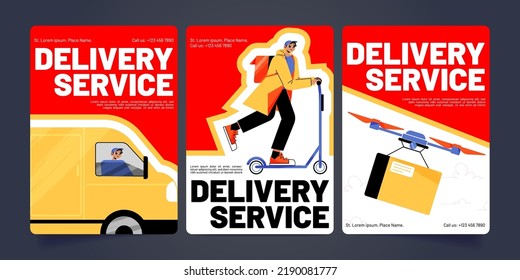 Delivery service cartoon banners, postman on car or scooter and drone deliver goods to customers. Correspondence, mail, parcels express shipping, order transportation, Line art flat vector flyers set