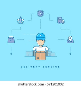 Delivery service. Cartoon character packing boxes. Vector illustration in blue with flat line icons