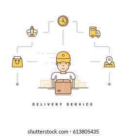 Delivery service. Cartoon character packing boxes. Vector illustration with flat line icons