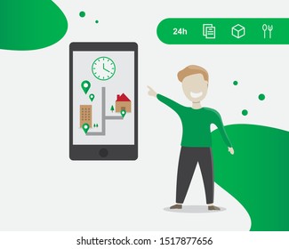 Delivery service cartoon illustration, Grab food, transportation order, Template, Web banner, Mobile app, Facebook ads, Food online, Order through the app, Fast delivery concept