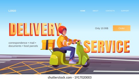 Página de inicio de caricatura del servicio de entrega, hombre en scooter entrega caja. Correo y documentos paquetes de correspondencia , comida, envío urgente, transporte a clientes, anuncio de la empresa, banner web Vector