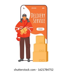 Delivery service cartoon smartphone vector app screen. Parcel tracking notification. Man in UK uniform. Mobile phone displays with flat character design mockup. Application telephone cute interface