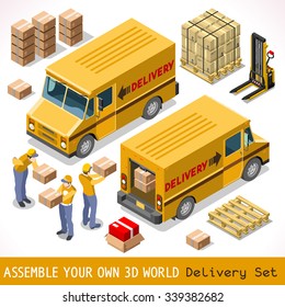 Delivery Service Chain Elements Collection. Pallet 3D Flat Vector Isometric Vehicle Icon Set. Box Pack worldwide shipping carry Courier man of Postal Yellow Van Car Express Product home Shop Transport