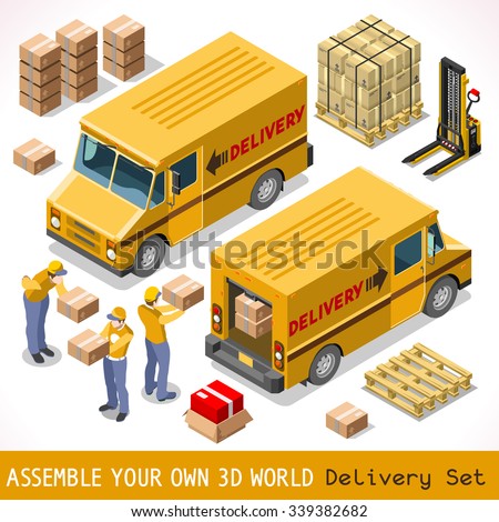 Delivery Service Chain Elements Collection. Pallet 3D Flat Vector Isometric Vehicle Icon Set. Box Pack worldwide shipping carry Courier man of Postal Yellow Van Car Express Product home Shop Transport