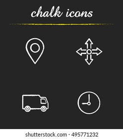 Delivery service chalk icons set. Map pinpoint, transportation truck, time and delivery symbols. Isolated vector chalkboard illustrations