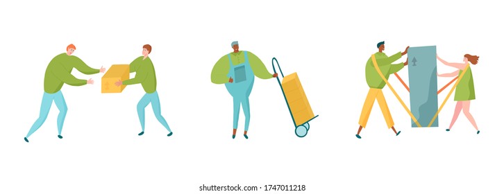 Delivery service characters set with messengers, postman with push cart and couple using shoulder straps. Vector illustration for delivery company website or social media advertisement.