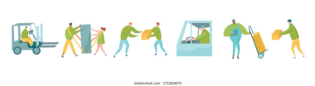 Delivery service characters set with messengers, postman with push cart and couple using shoulder straps, driver and fork lifter. Vector illustration for delivery company website or social media.