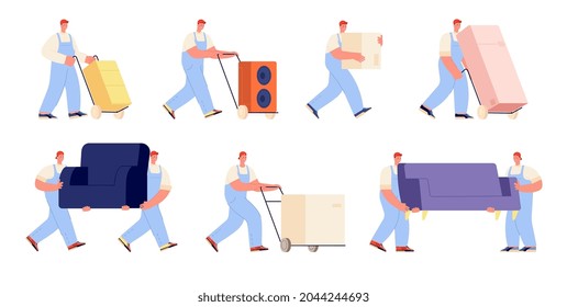 Delivery service characters. Warehouse man, objects logistics job. Relocation help, workers carrying sofa and container. People moving utter vector set