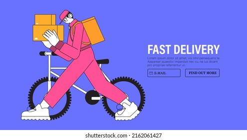 Servicio de entrega para banner web de interés comercial y privado, página de inicio. Courier en bicicleta con bolsa térmica que entrega comida o caja de paquetes al cliente. Entrega rápida y rápida de paquetes de la ciudad. 