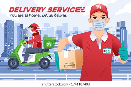 delivery service company with man wearing masks bring a box and thumbs up, delivery courier send the package riding motorcycle and wearing helmet, with city landscape as background