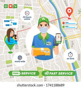 delivery service company sending package to customer on time, map route in the app to destination, 24 hour guarantee. used for poster, landing page image and other