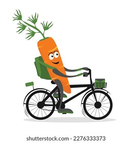 Composición del servicio de entrega con el personaje de dibujos animados de un mensajero de zanahoria lindo. Corredor de zanahoria en bicicleta o en moto. Ilustración vectorial plana