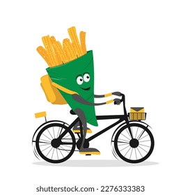 Composición del servicio de entrega con un lindo personaje de dibujos animados de churros courier biker. Corredor de Churros en bicicleta o en moto. Ilustración vectorial plana