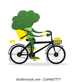 Delivery service composition with cute green broccoli courier biker cartoon character. cabbage courier on bike or scooter. Flat vector illustration