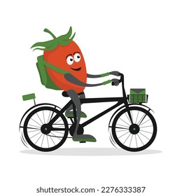 Delivery service composition with cute tomato courier biker cartoon character. Tomato courier on bike or scooter. Flat vector illustration