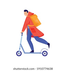 Composición del servicio de entrega con carácter aislado plano de la ilustración vectorial de la bicicleta de empuje de la conducción de la mensajería