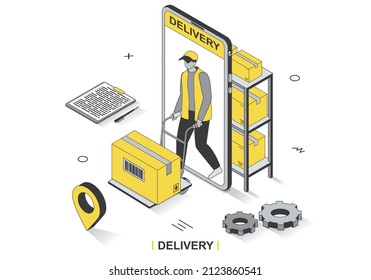 Delivery service concept in 3d isometric outline design. Warehouse worker carries parcel, courier delivers box, fast shipping transportation, line web template. Vector illustration with people scene