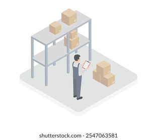 Conceito de serviço de entrega em 3d design isométrico. Homem trabalhando em empresa logística, carregando caixas de encomendas em prateleiras de armazenamento no armazém. Ilustração vetorial com cena de pessoas de isometria para gráfico da Web