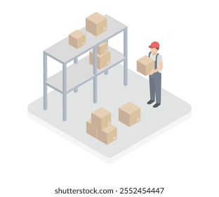Conceito de serviço de entrega em 3d design isométrico. Homem trabalhando em empresa logística, carregando caixas de encomendas em prateleiras de armazenamento no armazém. Ilustração vetorial com cena de pessoas de isometria para gráfico da Web
