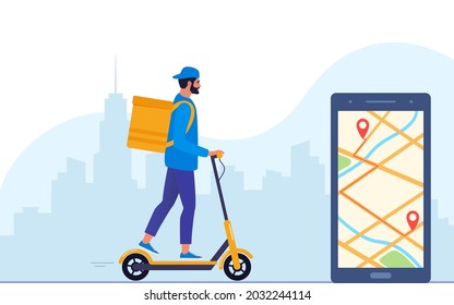 Delivery service concept and application for tracking online orders, food delivery. Man courier riding electric scooter with yellow package product box. Vector illustration for website, mobile app