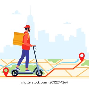 Delivery service concept and application for tracking online orders, food delivery. Man courier riding electric scooter with yellow package product box. Vector illustration for website, mobile app