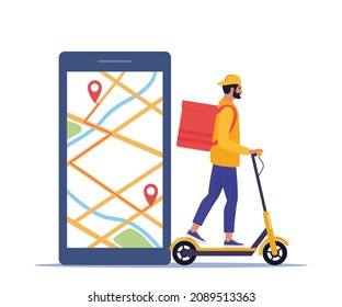 Concepto de servicio de entrega y aplicación para el seguimiento de pedidos en línea, entrega de alimentos. Motocicleta eléctrica montada por un mensajero hombre con caja de producto. Ilustración vectorial para sitio web, aplicación móvil