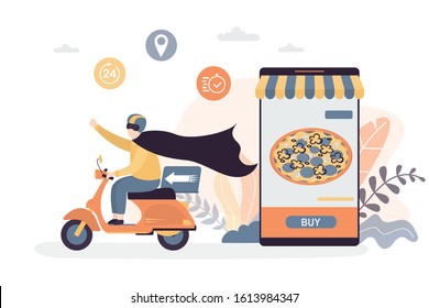 Delivery service concept background. Courier biker dressing like a hero man. Delivery of traditional Italian pizza from a pizzeria. Funny deliveryman ride motorbike. Vector illustration