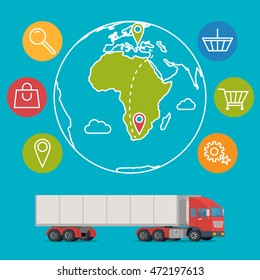  delivery service concept background. Logistics in business and industry. Vector illustration on global commercial shipping with cargo semi truck and modern icons on shopping and E-commerce