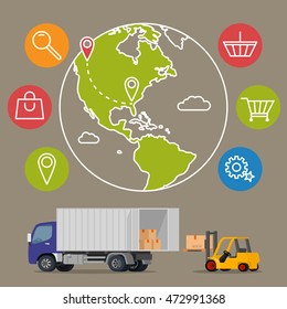  delivery service concept background. Logistics in business and industry. Vector illustration on global commercial shipping with cargo semi truck and modern icons on shopping and E-commerce
