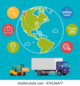  delivery service concept background. Logistics in business and industry. Vector illustration on global commercial shipping with cargo semi truck and modern icons on shopping and E-commerce