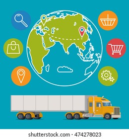  delivery service concept background. Logistics in business and industry. Vector illustration on global commercial shipping with cargo semi truck and modern icons on shopping and E-commerce